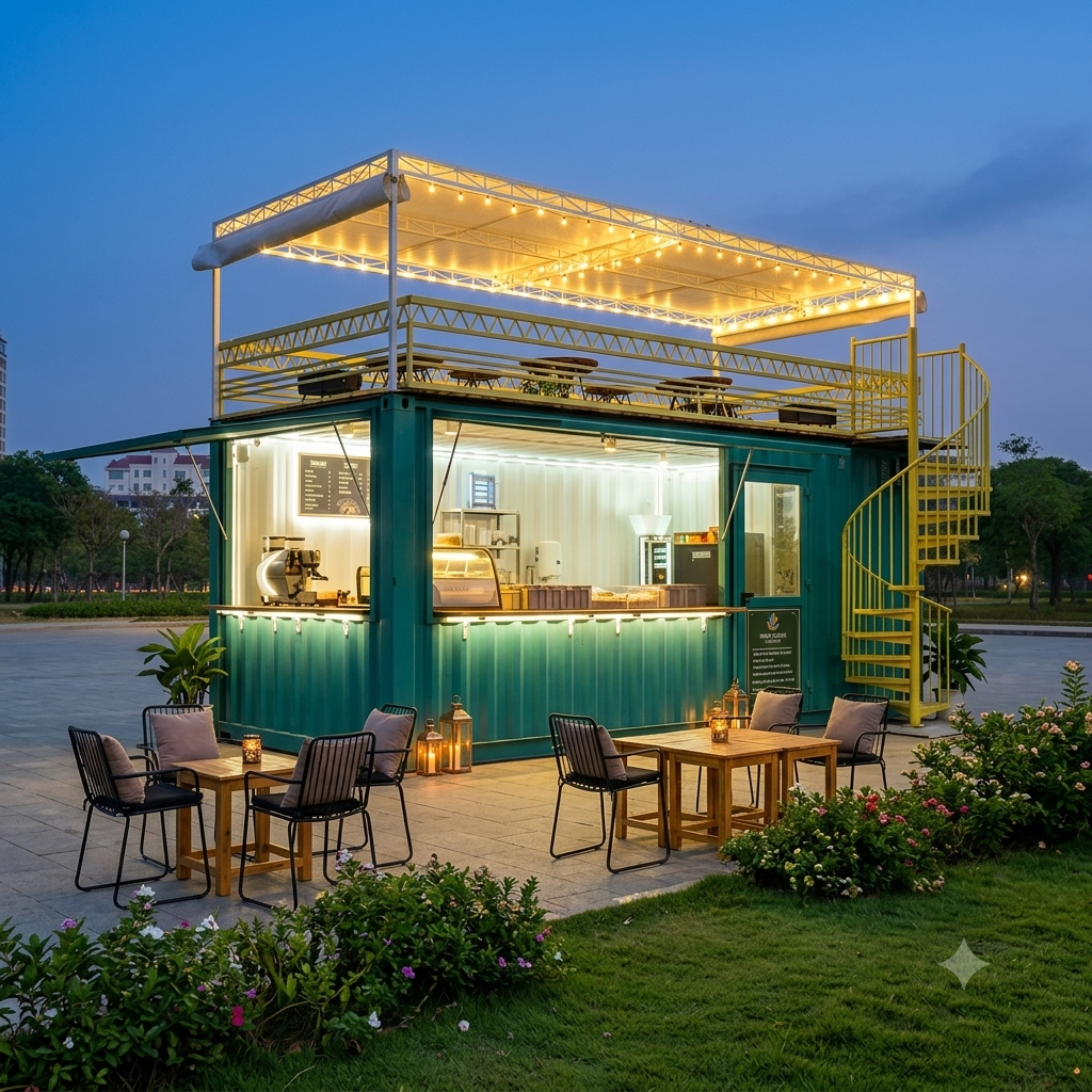 Container Cafe 20 Feet Xanh Vàng Có Sân Thượng